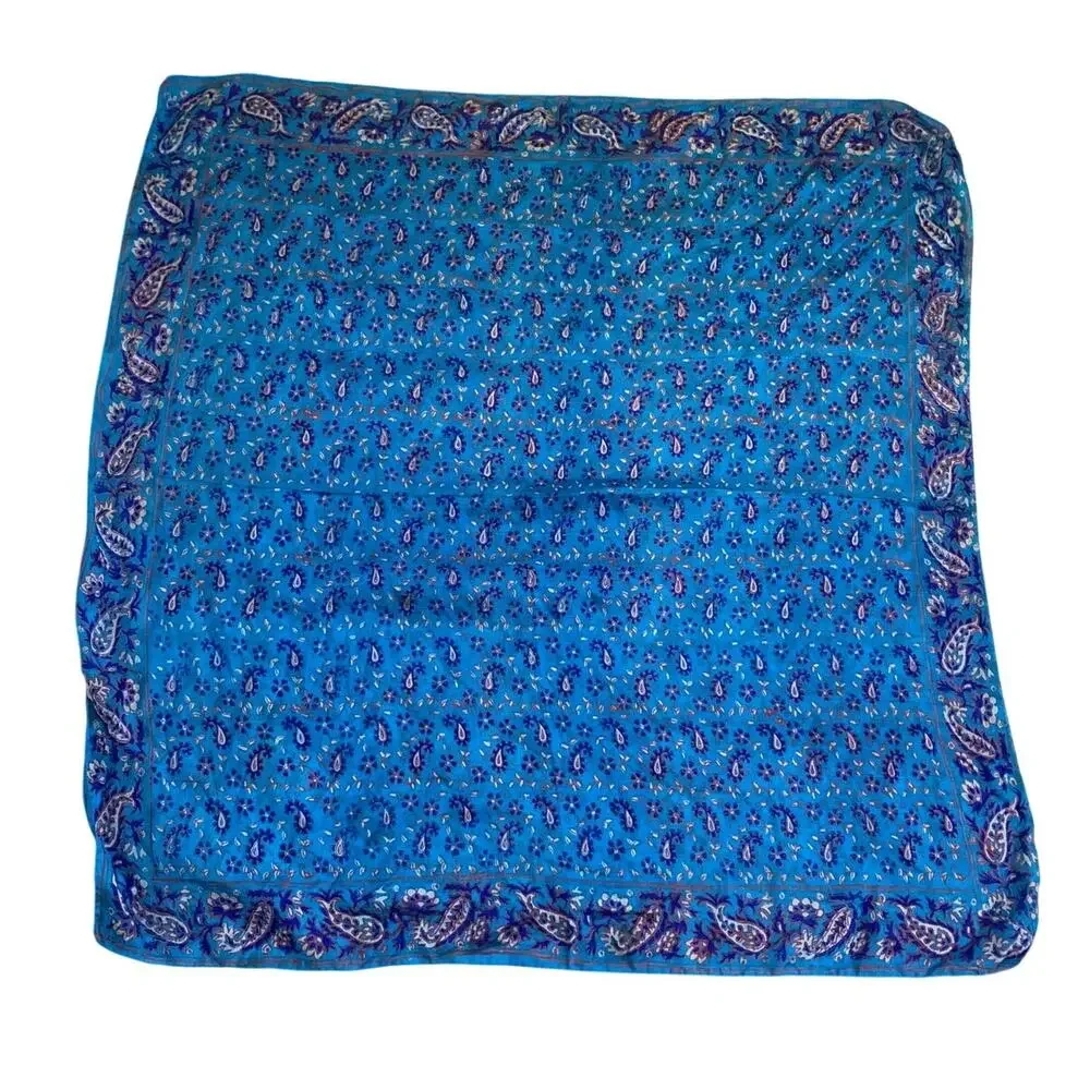 Blue Elegant Paisley Floral Silk Square Scarf 34x34 Made in India